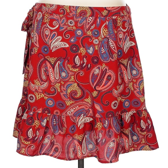 Ann Taylor Loft Chic Red Floral Paisley Mini Wrap Skirt Ruffle Size 12 Large L - Picture 3 of 9